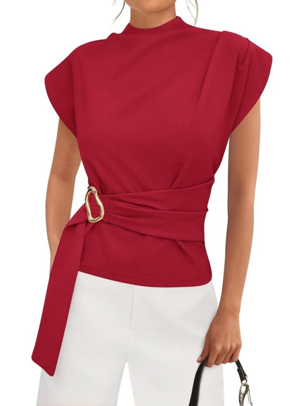 Women's Red Cap Sleeve Mock Neck Buckle Tunic Imported Casual Top Shirt